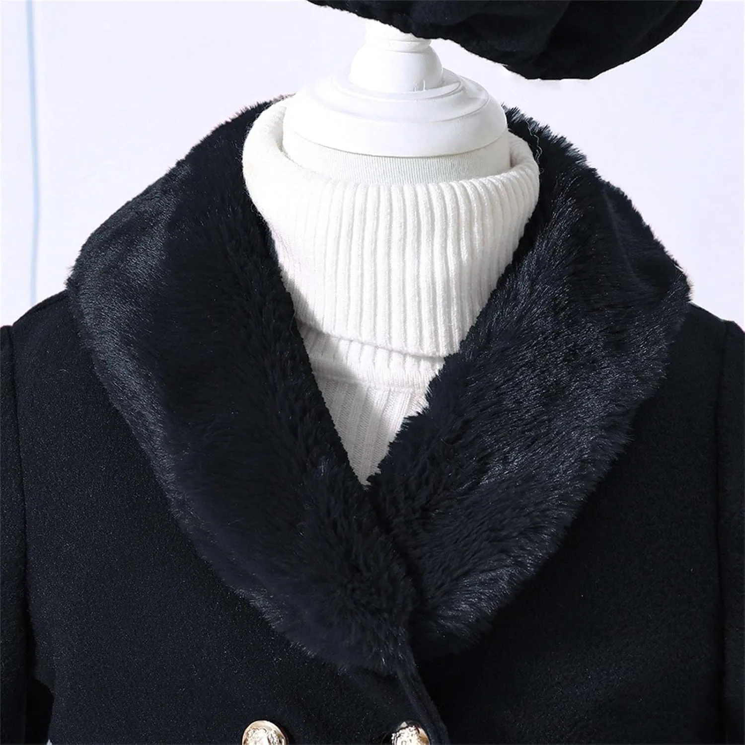 Kids Girls Trench Coat Long Sleeve Furry Collar Warm Peacoat with Beret Hat Set for Casual Wear
