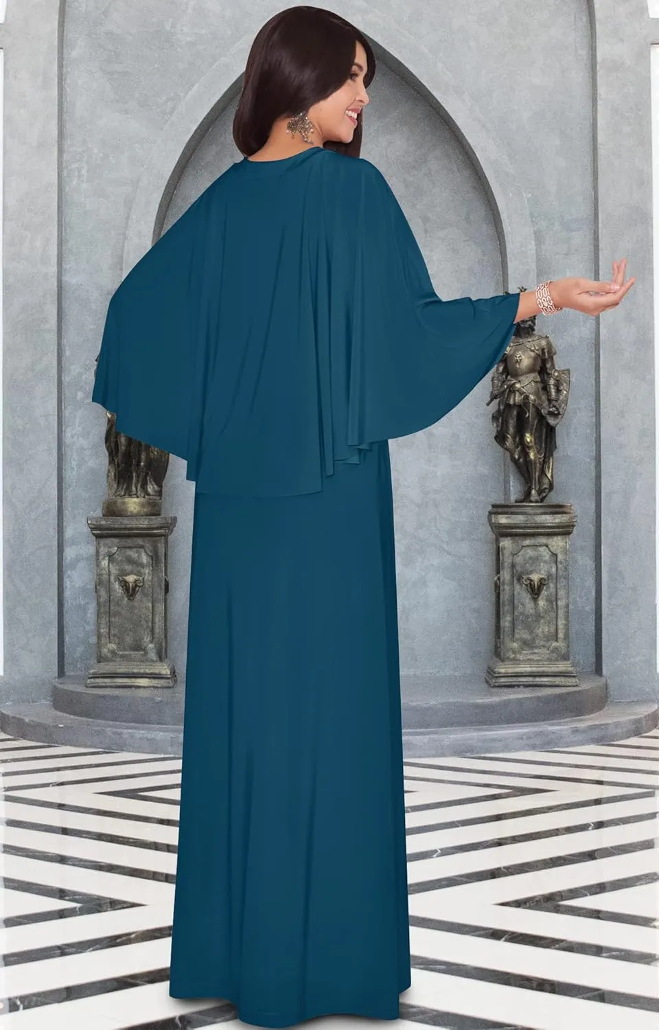 KOH KOH Womens V-Neck Elegant Batwing Cape Sleeves Cocktail Maxi Dress Gown