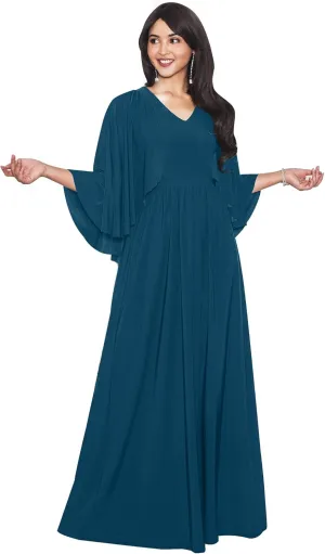 KOH KOH Womens V-Neck Elegant Batwing Cape Sleeves Cocktail Maxi Dress Gown