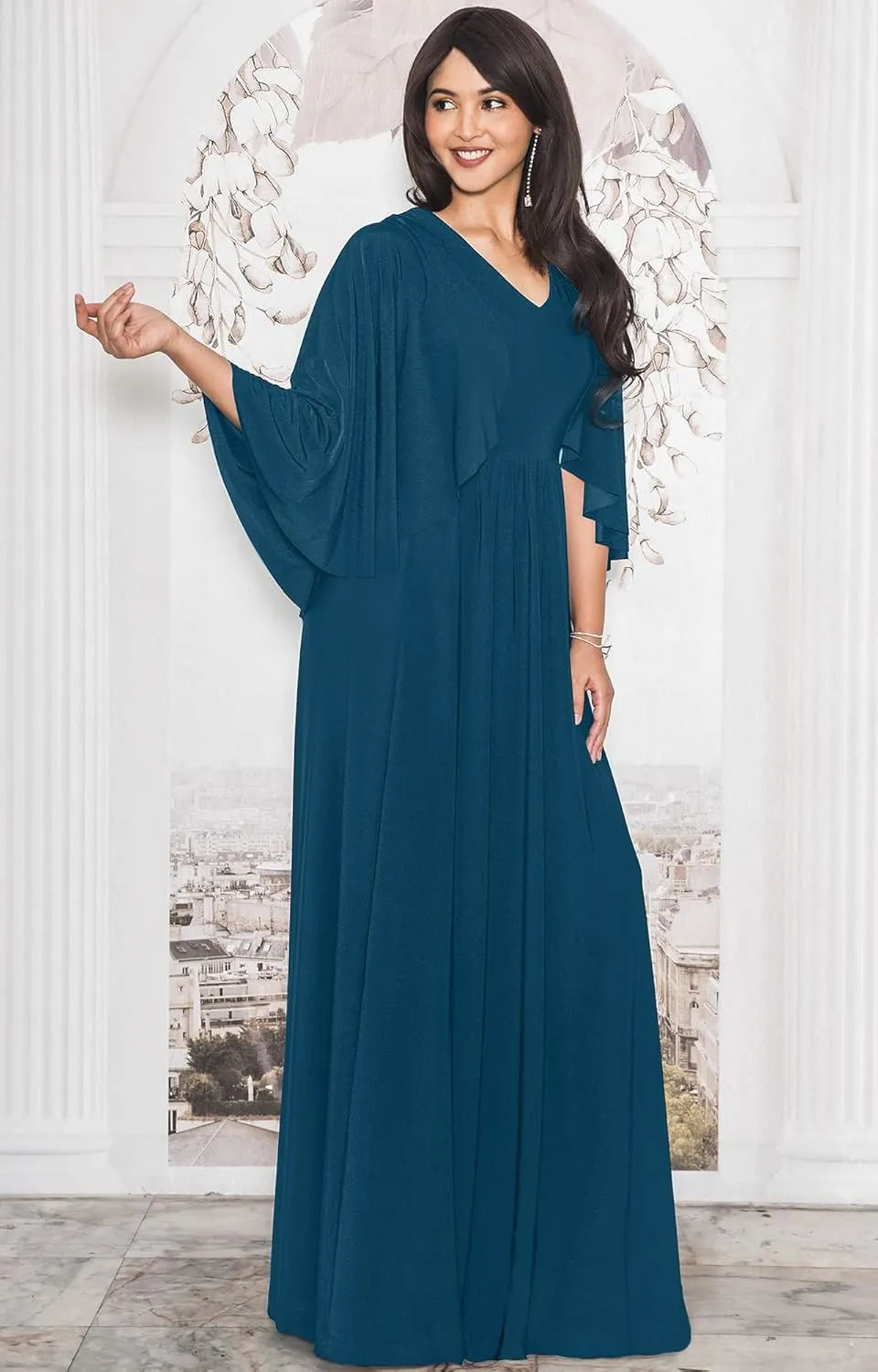 KOH KOH Womens V-Neck Elegant Batwing Cape Sleeves Cocktail Maxi Dress Gown