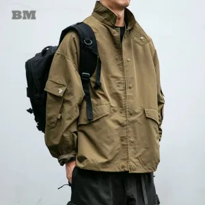 Korean Cargo Jacket For Men Clothing Casual Stand Collar Coat