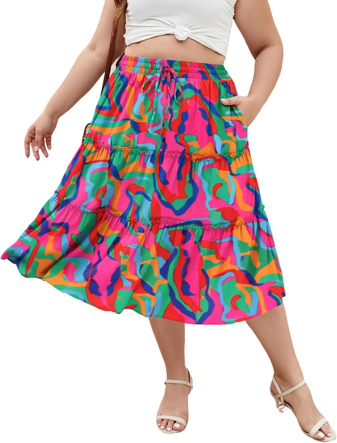 LALAGEN Womens Plus Size Boho Midi Skirt Elastic High Waist Summer Flowy A Line Long Midi Skirt with Pockets