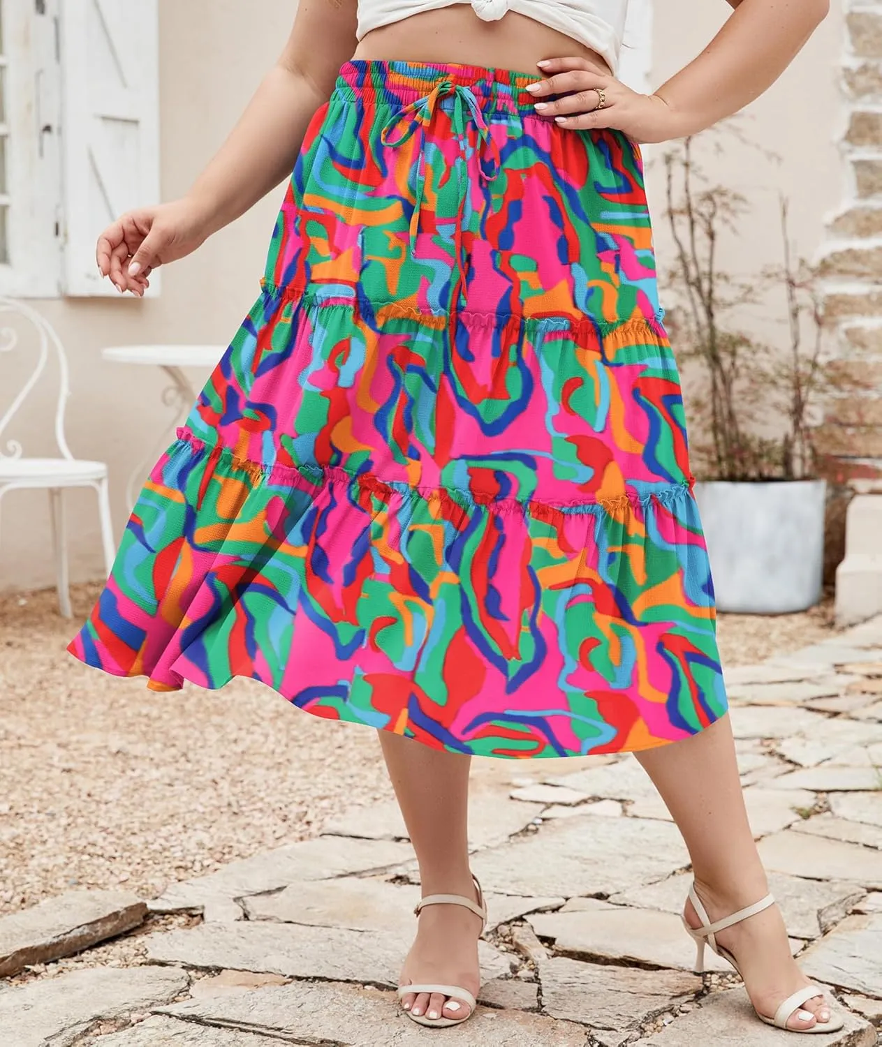 LALAGEN Womens Plus Size Boho Midi Skirt Elastic High Waist Summer Flowy A Line Long Midi Skirt with Pockets