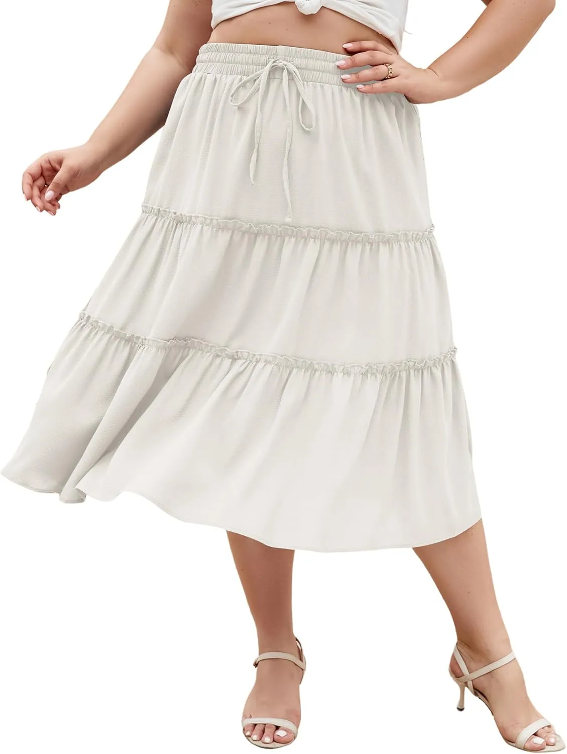 LALAGEN Womens Plus Size Boho Midi Skirt Elastic High Waist Summer Flowy A Line Long Midi Skirt with Pockets