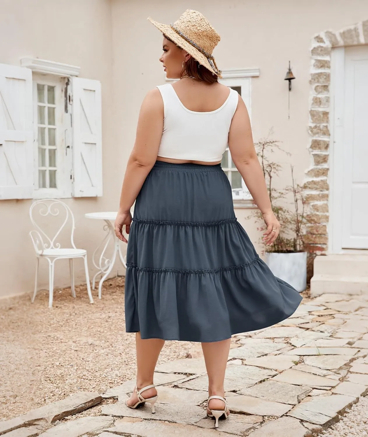 LALAGEN Womens Plus Size Boho Midi Skirt Elastic High Waist Summer Flowy A Line Long Midi Skirt with Pockets