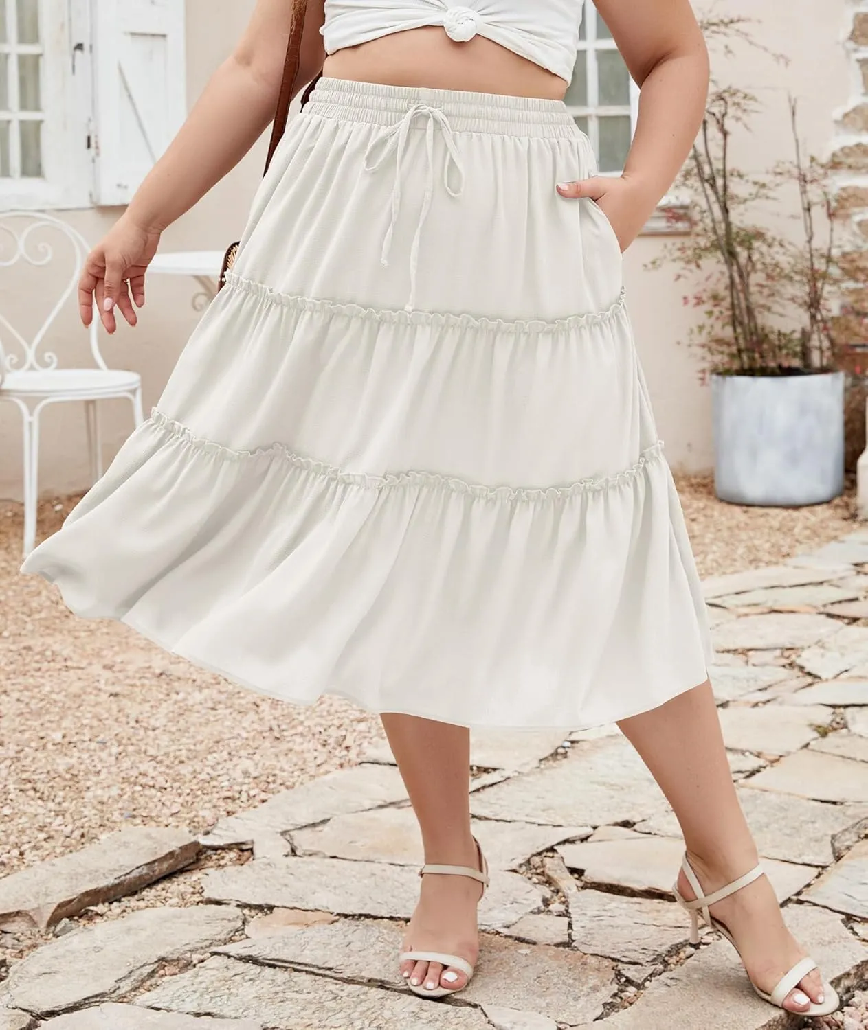 LALAGEN Womens Plus Size Boho Midi Skirt Elastic High Waist Summer Flowy A Line Long Midi Skirt with Pockets