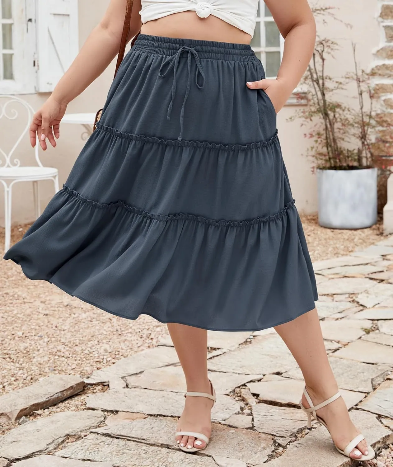 LALAGEN Womens Plus Size Boho Midi Skirt Elastic High Waist Summer Flowy A Line Long Midi Skirt with Pockets