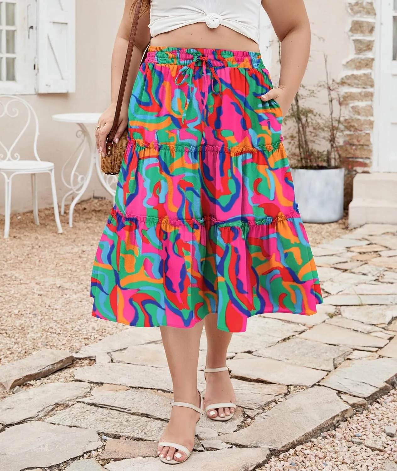 LALAGEN Womens Plus Size Boho Midi Skirt Elastic High Waist Summer Flowy A Line Long Midi Skirt with Pockets