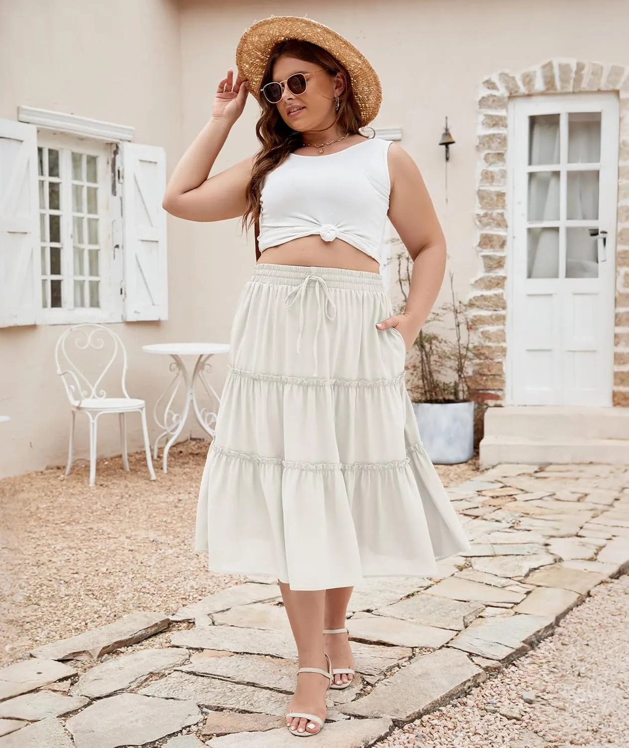 LALAGEN Womens Plus Size Boho Midi Skirt Elastic High Waist Summer Flowy A Line Long Midi Skirt with Pockets