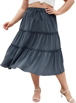 LALAGEN Womens Plus Size Boho Midi Skirt Elastic High Waist Summer Flowy A Line Long Midi Skirt with Pockets