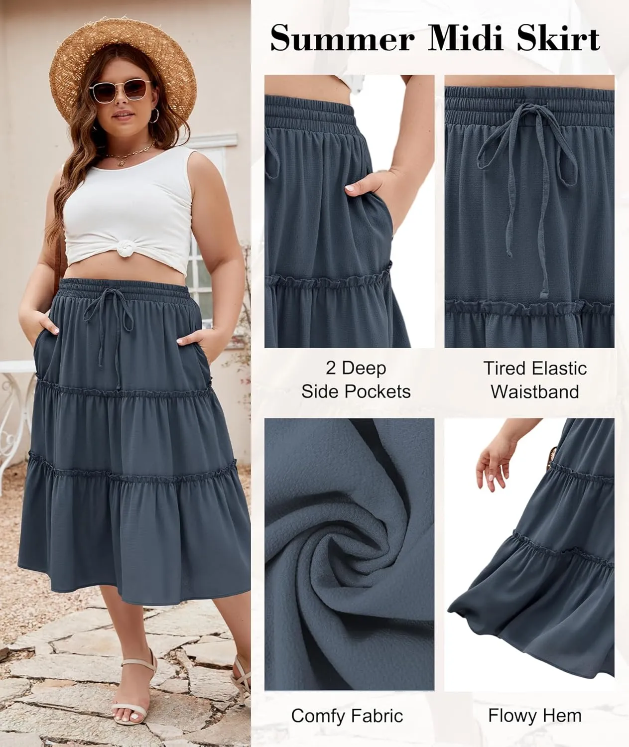 LALAGEN Womens Plus Size Boho Midi Skirt Elastic High Waist Summer Flowy A Line Long Midi Skirt with Pockets