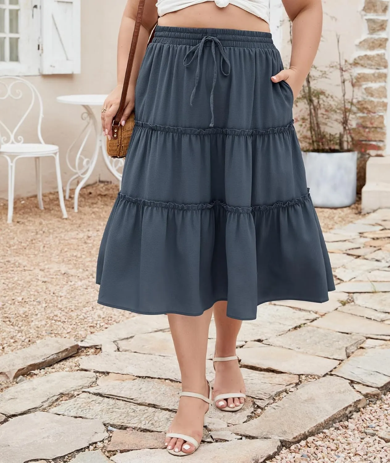 LALAGEN Womens Plus Size Boho Midi Skirt Elastic High Waist Summer Flowy A Line Long Midi Skirt with Pockets