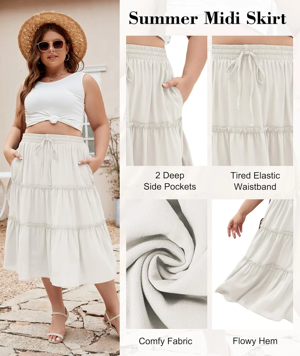 LALAGEN Womens Plus Size Boho Midi Skirt Elastic High Waist Summer Flowy A Line Long Midi Skirt with Pockets