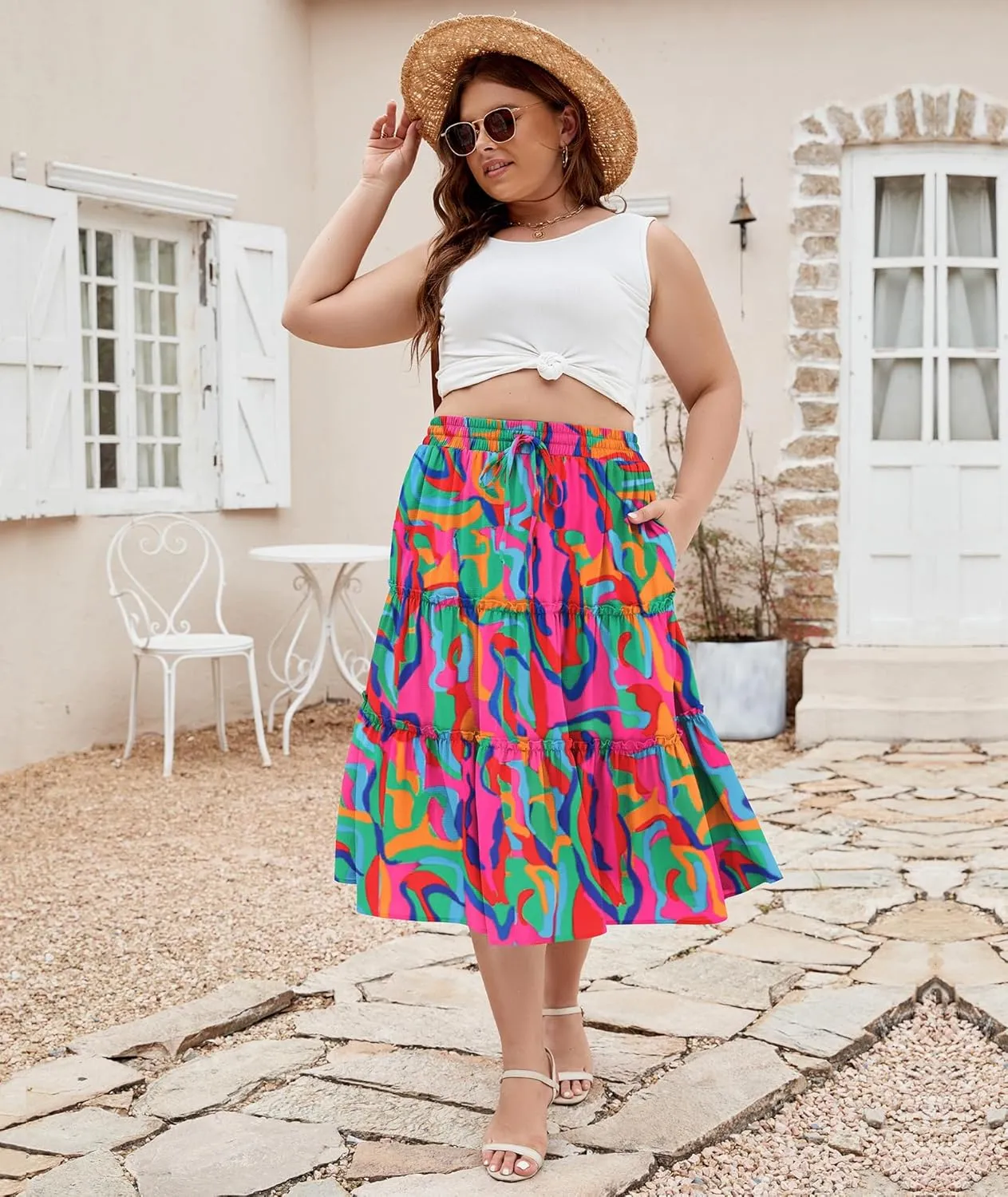 LALAGEN Womens Plus Size Boho Midi Skirt Elastic High Waist Summer Flowy A Line Long Midi Skirt with Pockets