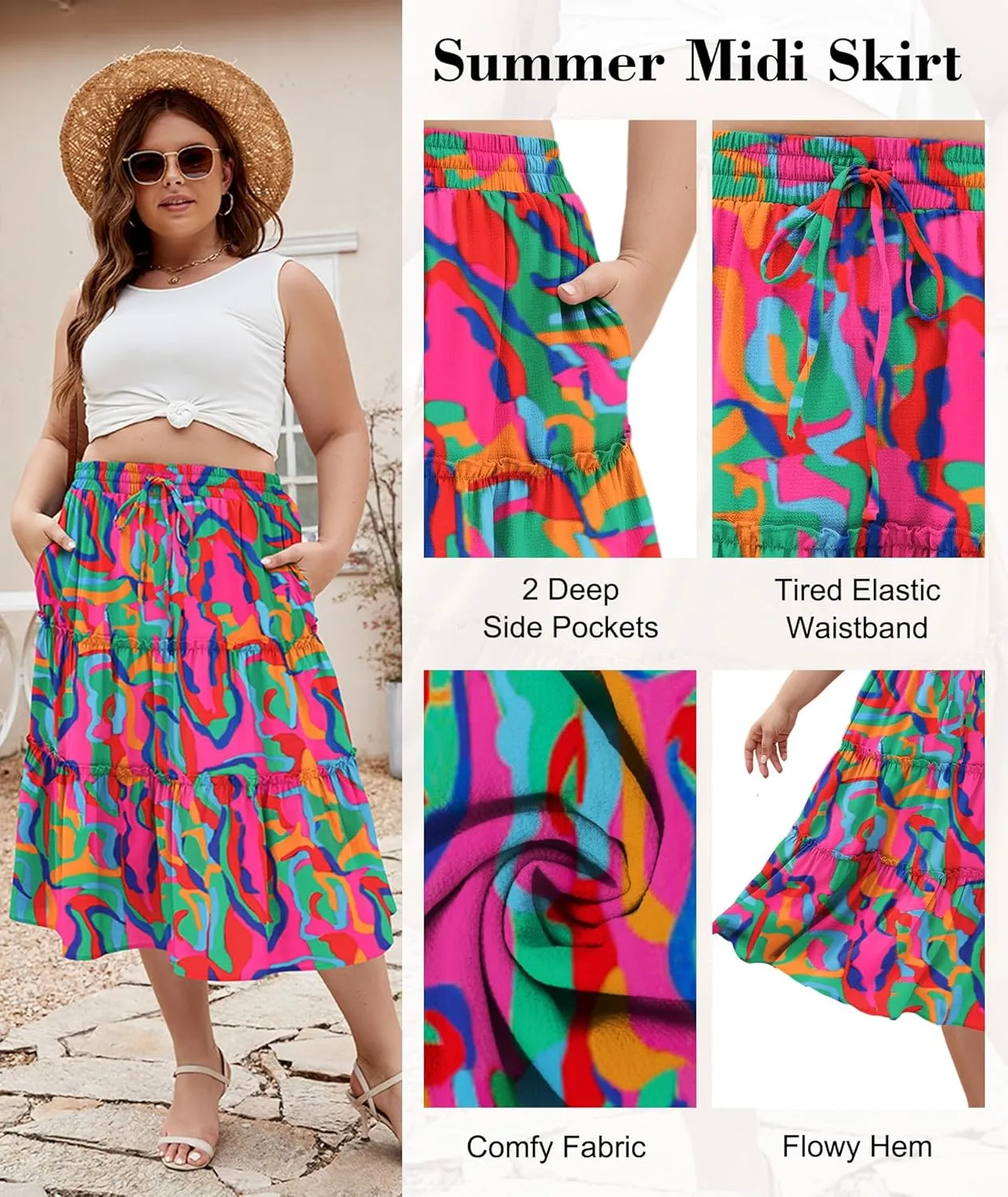 LALAGEN Womens Plus Size Boho Midi Skirt Elastic High Waist Summer Flowy A Line Long Midi Skirt with Pockets