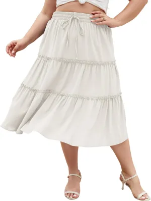LALAGEN Womens Plus Size Boho Midi Skirt Elastic High Waist Summer Flowy A Line Long Midi Skirt with Pockets