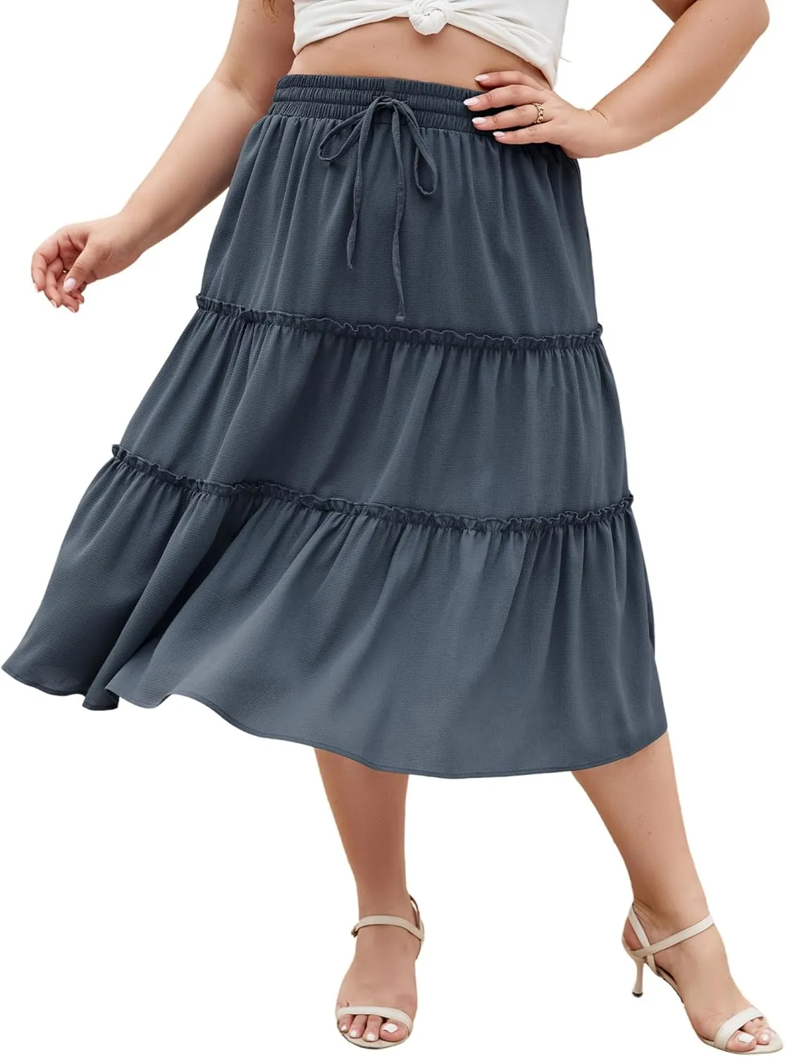 LALAGEN Womens Plus Size Boho Midi Skirt Elastic High Waist Summer Flowy A Line Long Midi Skirt with Pockets