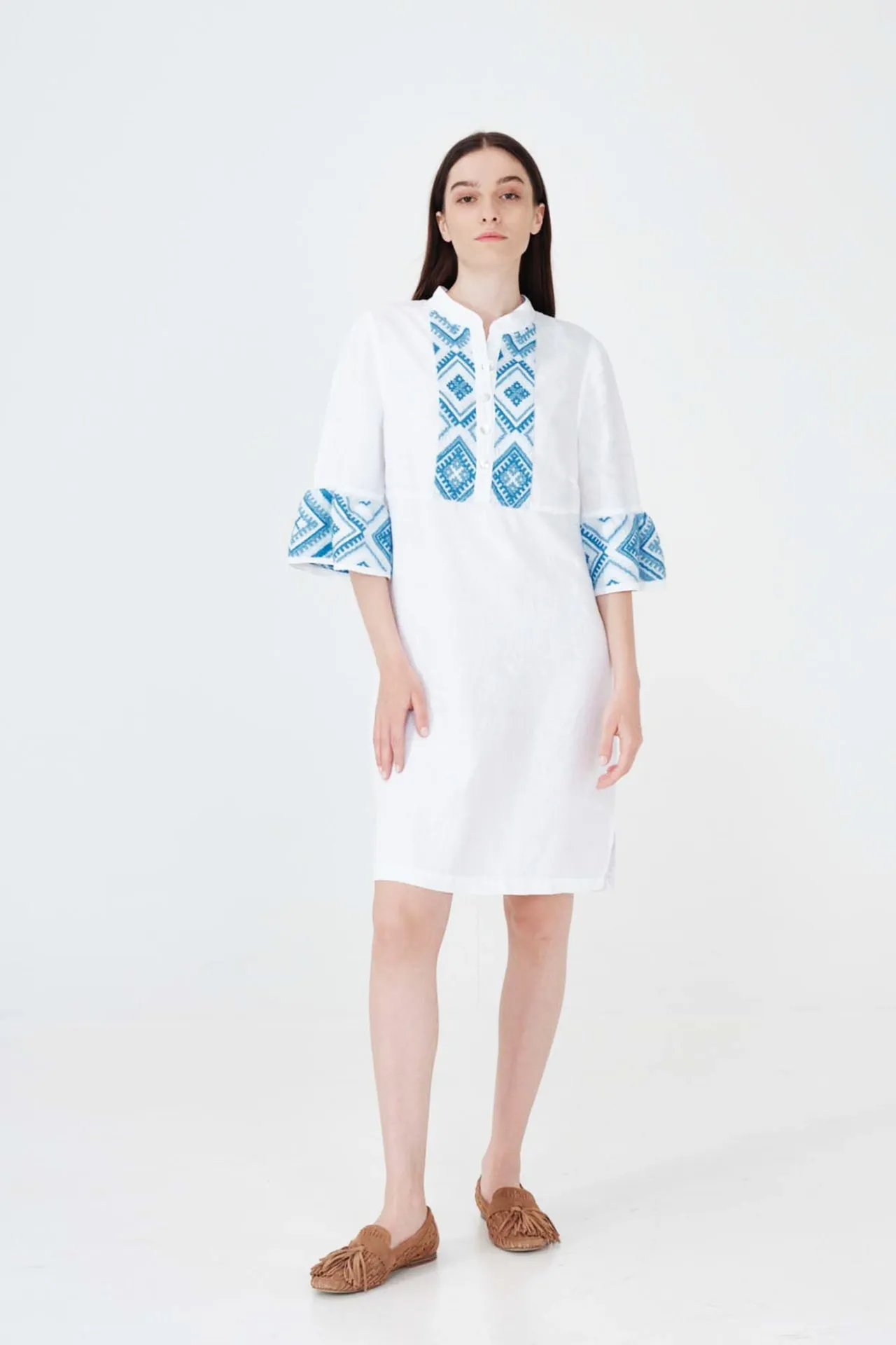 Linen Mini Dress with Embroidered Panels