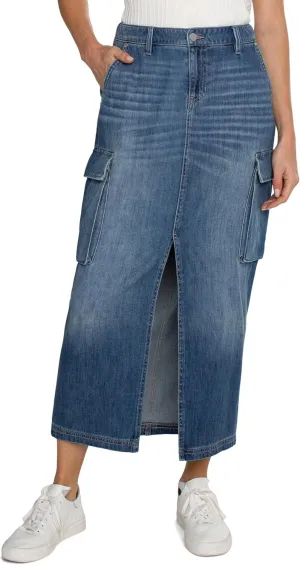Liverpool Women's Denim Maxi Cargo Skirt with Split Front