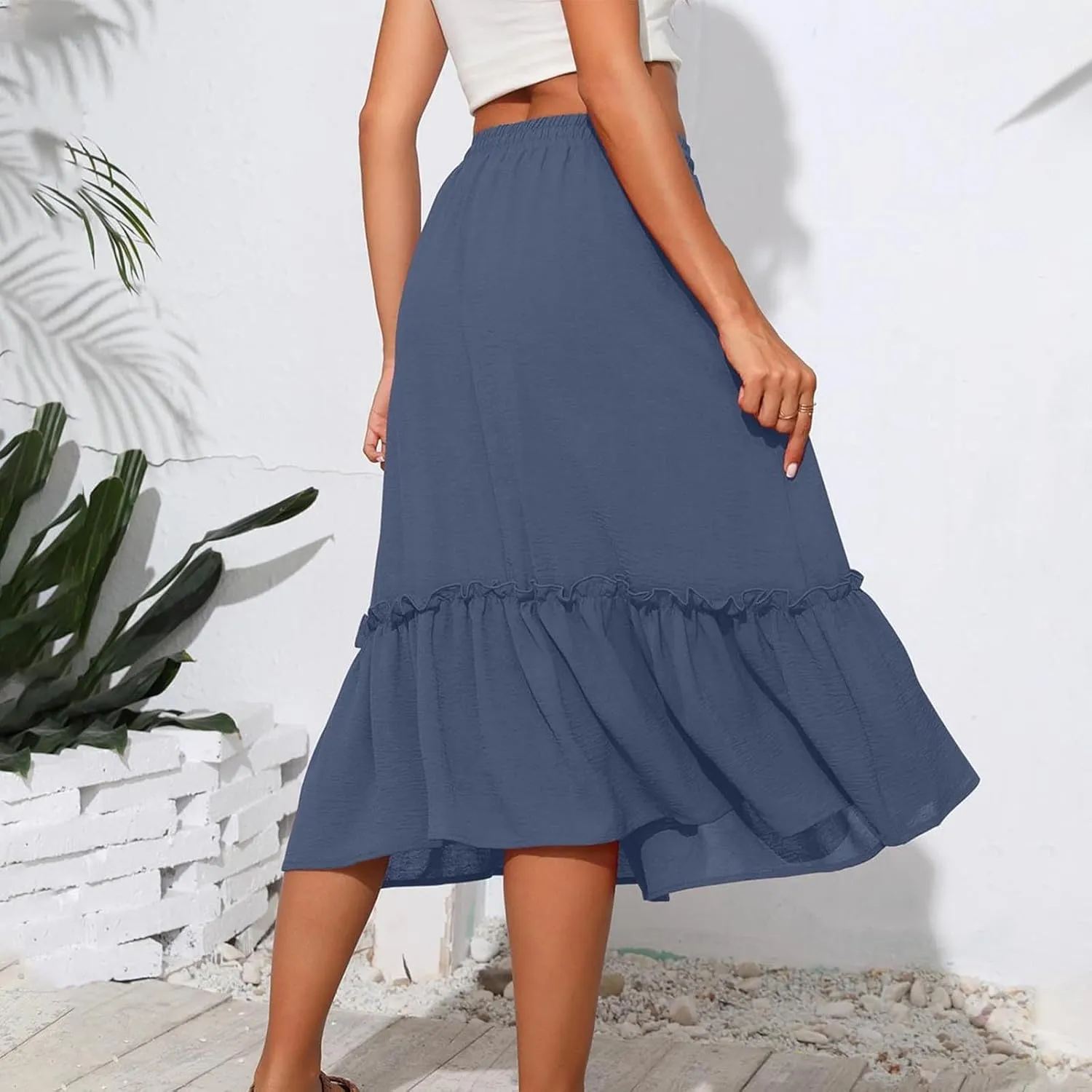 Long Ruffle Skirt for Women Fashion Flowy Boho Maxi Skirts Elastic High Wasit A-Line Pleated Tiered Beach Skirts