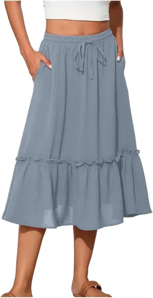 Long Ruffle Skirt for Women Fashion Flowy Boho Maxi Skirts Elastic High Wasit A-Line Pleated Tiered Beach Skirts