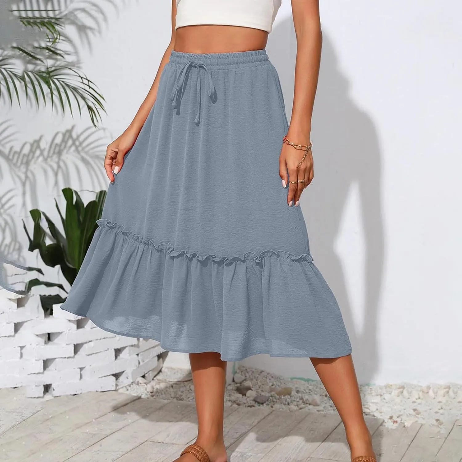 Long Ruffle Skirt for Women Fashion Flowy Boho Maxi Skirts Elastic High Wasit A-Line Pleated Tiered Beach Skirts