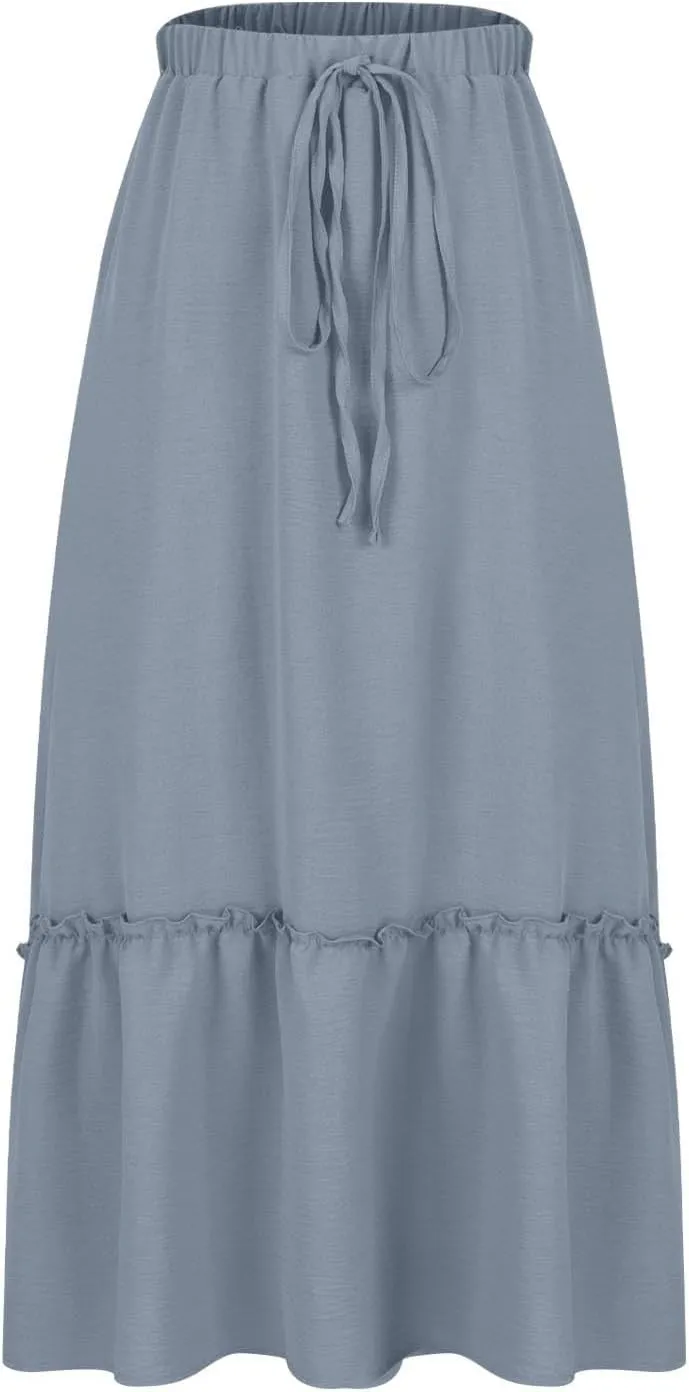 Long Ruffle Skirt for Women Fashion Flowy Boho Maxi Skirts Elastic High Wasit A-Line Pleated Tiered Beach Skirts