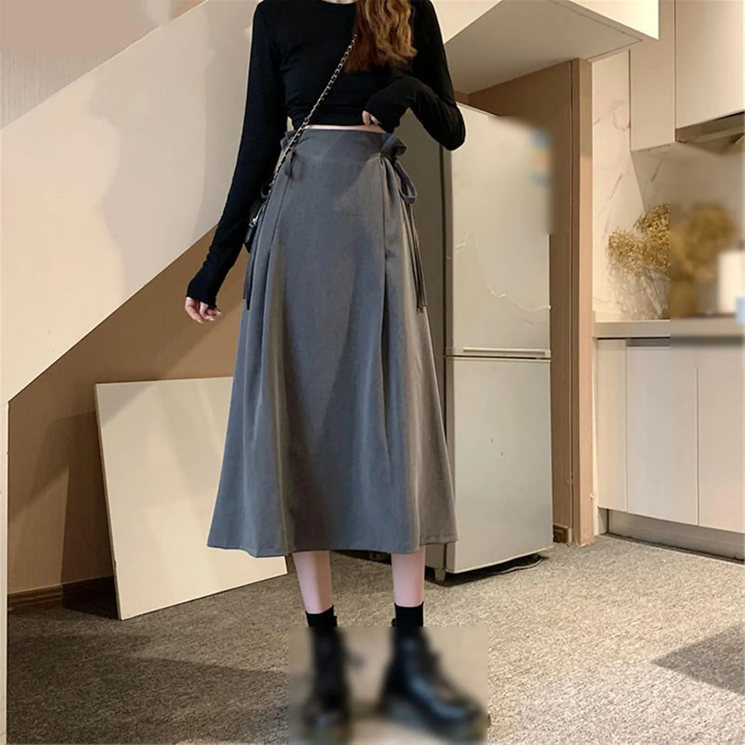 Long Skirt Women's Casual A-Line Elegant Summer Fashion Loose Side Waist Strap Office All-Match Mid-Length Skirt