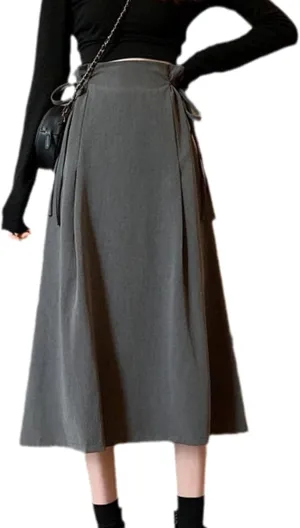Long Skirt Women's Casual A-Line Elegant Summer Fashion Loose Side Waist Strap Office All-Match Mid-Length Skirt