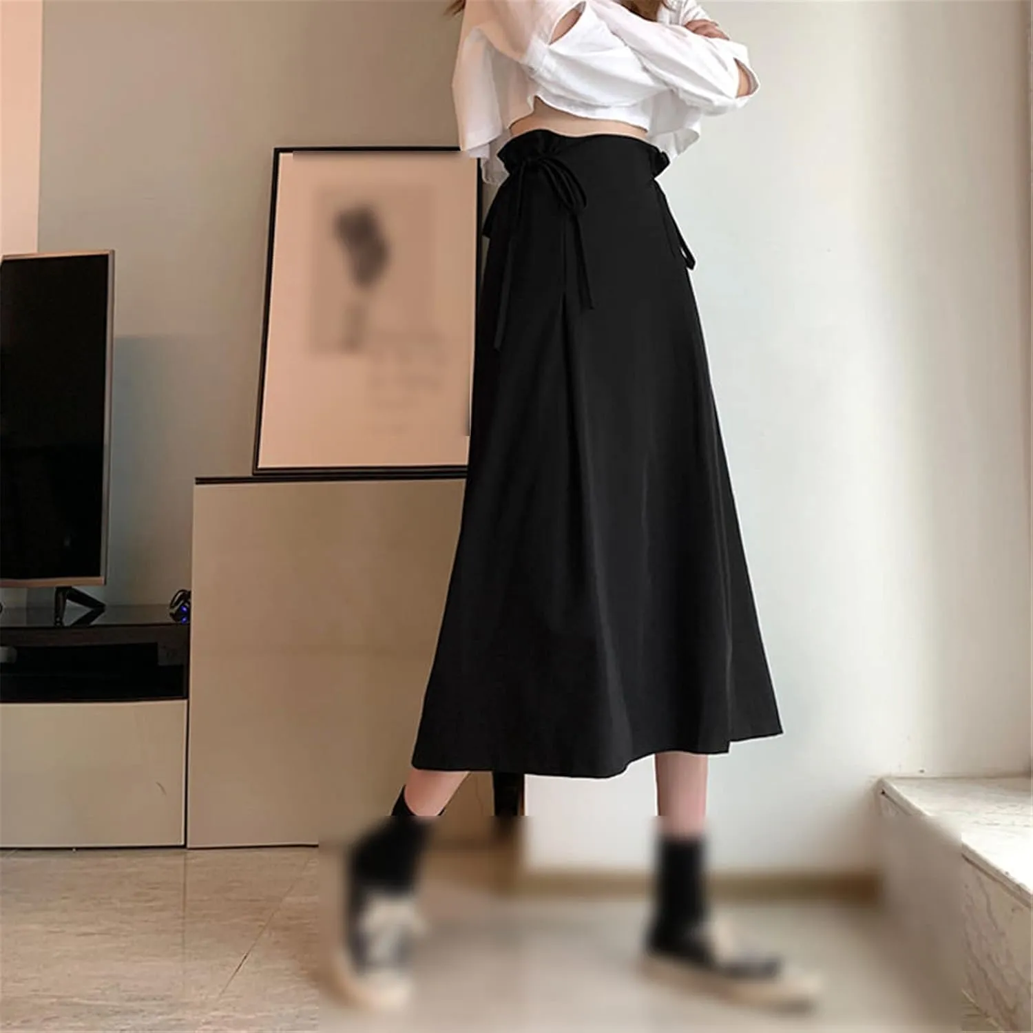 Long Skirt Women's Casual A-Line Elegant Summer Fashion Loose Side Waist Strap Office All-Match Mid-Length Skirt