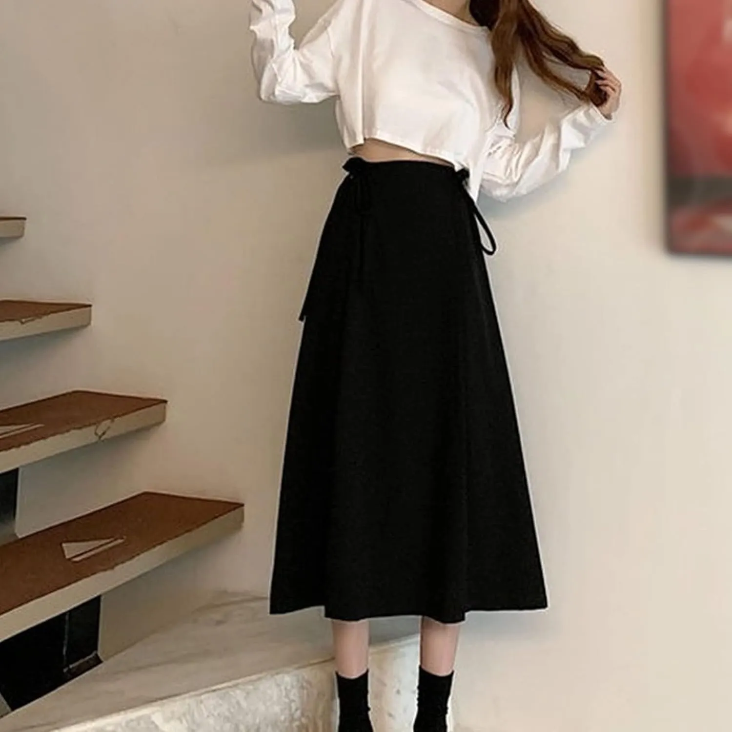 Long Skirt Women's Casual A-Line Elegant Summer Fashion Loose Side Waist Strap Office All-Match Mid-Length Skirt