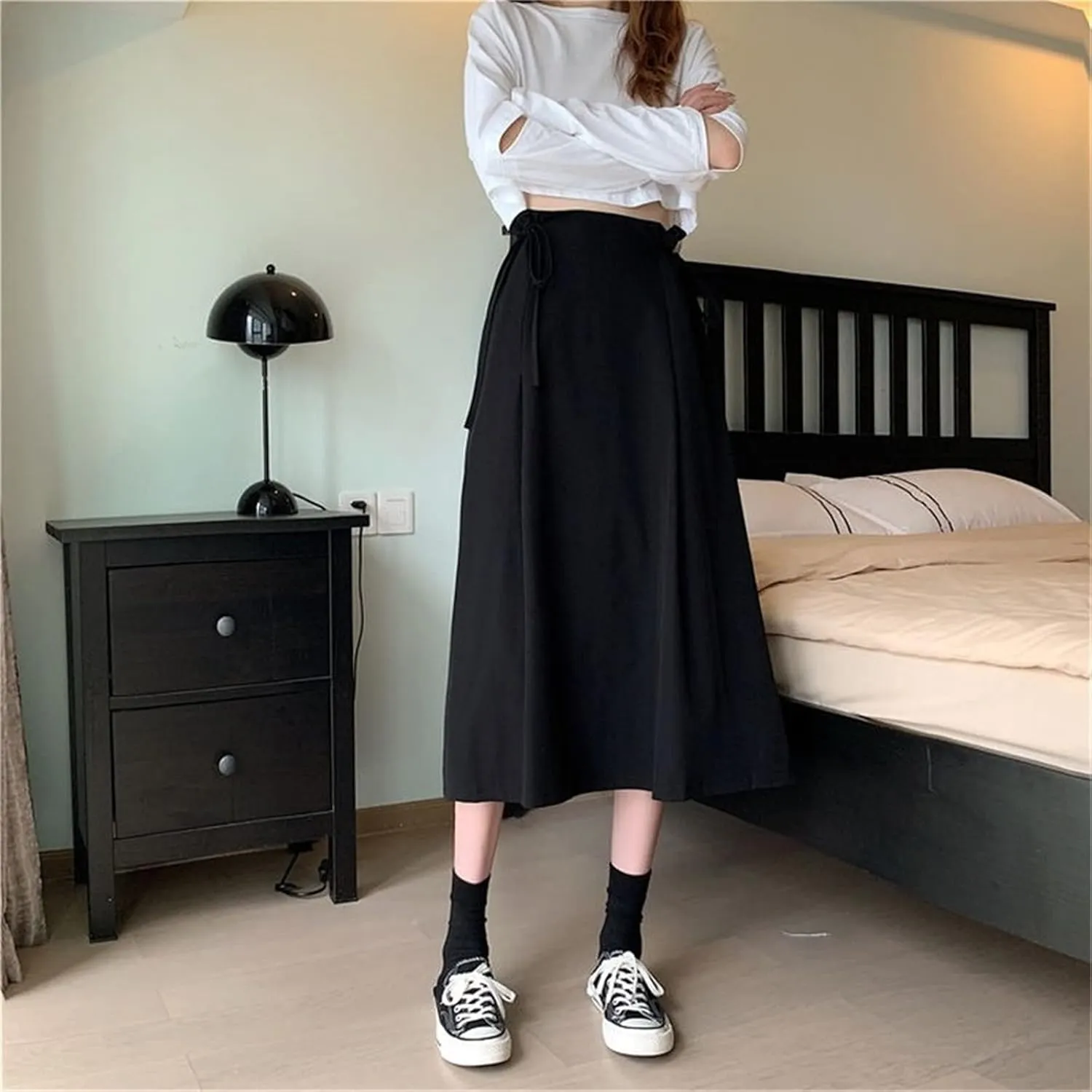 Long Skirt Women's Casual A-Line Elegant Summer Fashion Loose Side Waist Strap Office All-Match Mid-Length Skirt