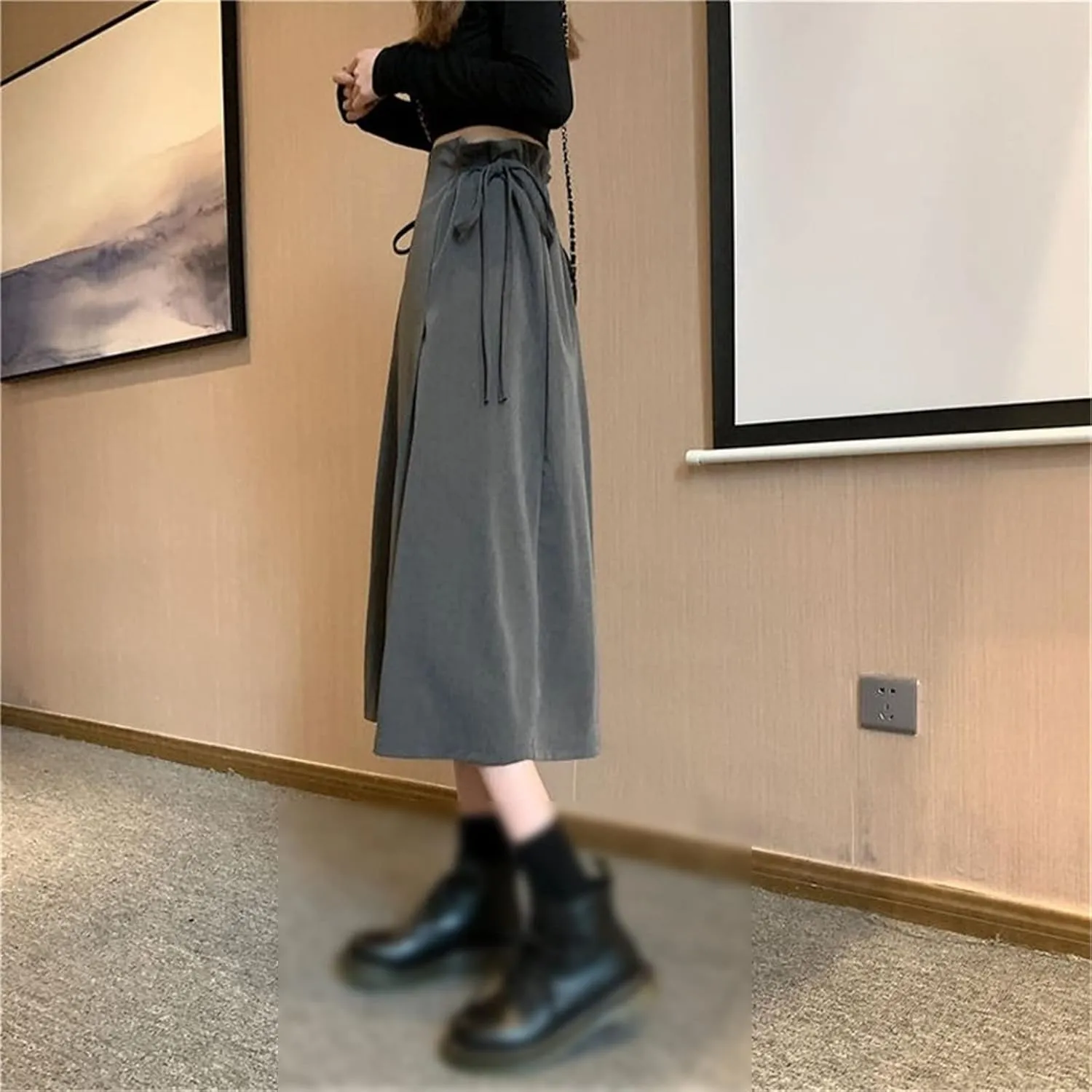 Long Skirt Women's Casual A-Line Elegant Summer Fashion Loose Side Waist Strap Office All-Match Mid-Length Skirt