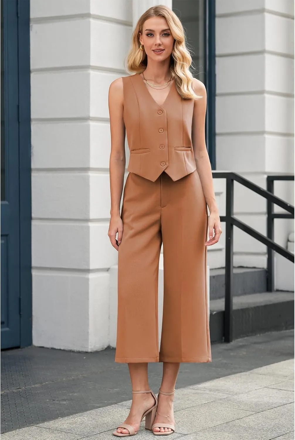 LookbookStore Pant Suits for Women Dressy Two Piece Business Casual Outfits Sleeveless Blazer Summer Vest and Pants Sets