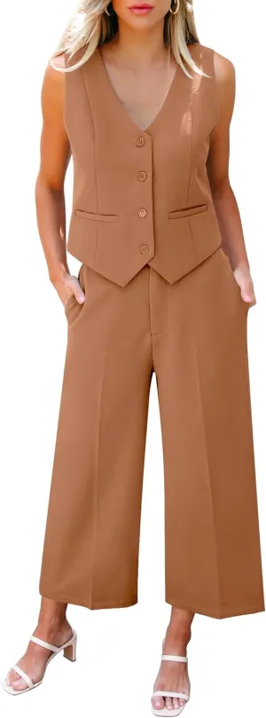 LookbookStore Pant Suits for Women Dressy Two Piece Business Casual Outfits Sleeveless Blazer Summer Vest and Pants Sets