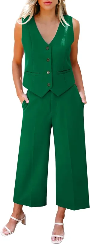 LookbookStore Pant Suits for Women Dressy Two Piece Business Casual Outfits Sleeveless Blazer Summer Vest and Pants Sets