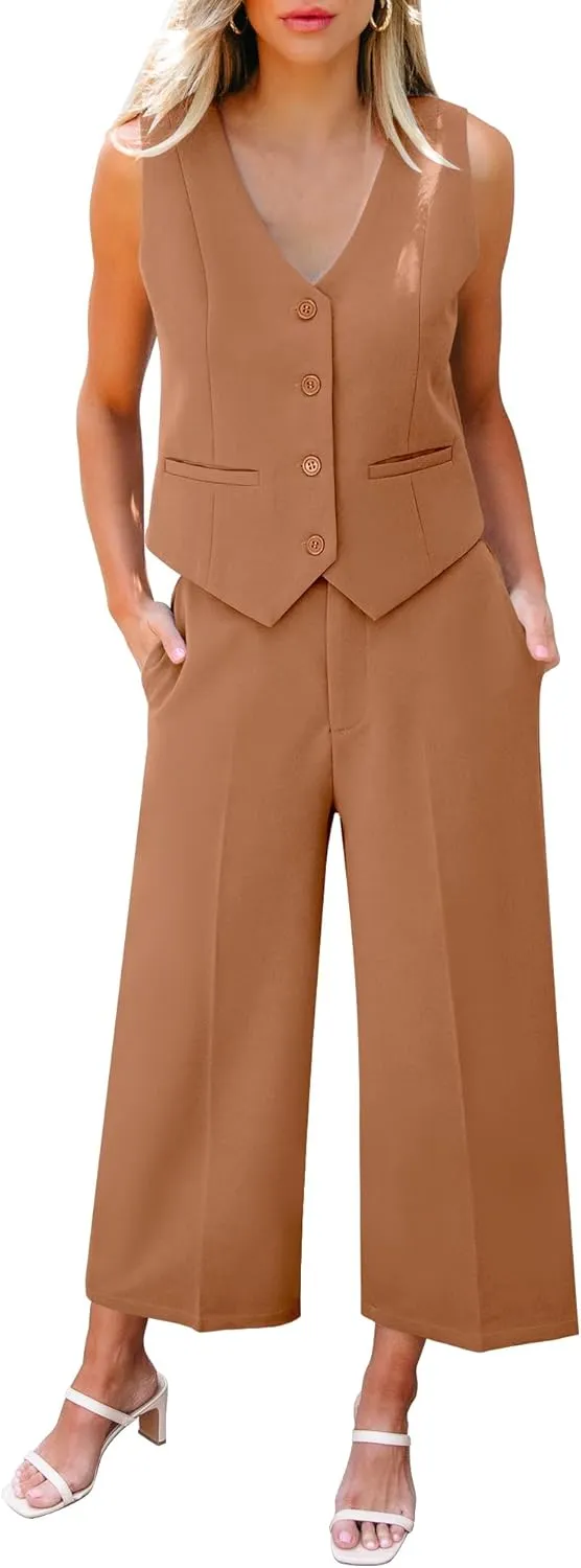 LookbookStore Pant Suits for Women Dressy Two Piece Business Casual Outfits Sleeveless Blazer Summer Vest and Pants Sets