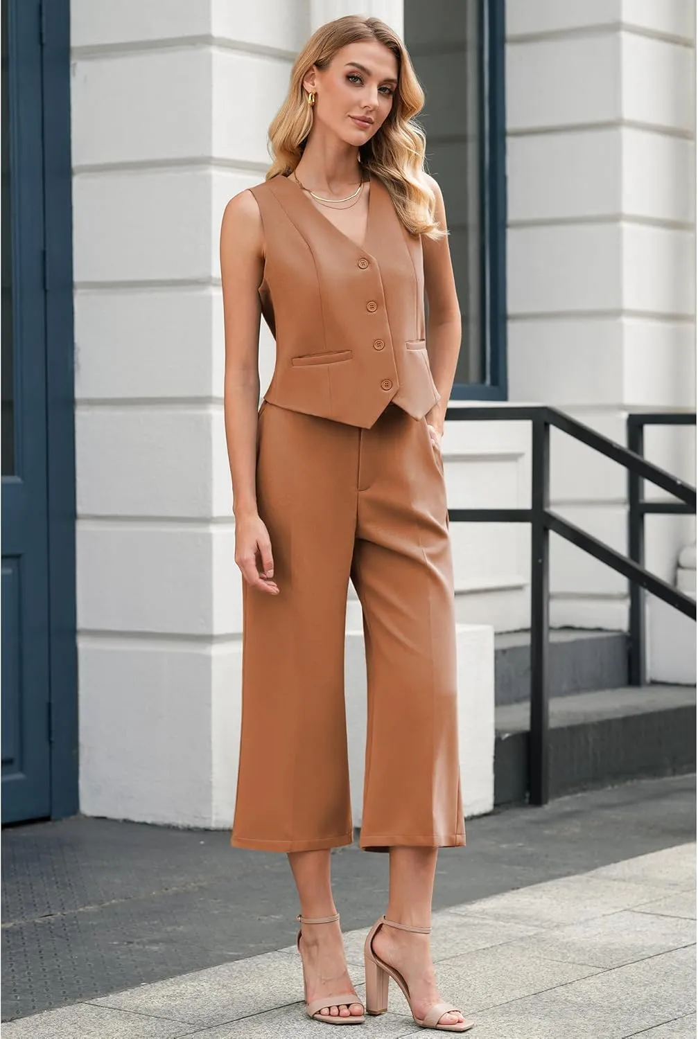 LookbookStore Pant Suits for Women Dressy Two Piece Business Casual Outfits Sleeveless Blazer Summer Vest and Pants Sets
