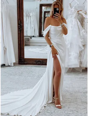 Luolandi Reception Formal Wedding Dresses Sheath / Column Off Shoulder Sleeveless Court Train Stretch Fabric Bridal Suits Bridal Gowns With Pleats