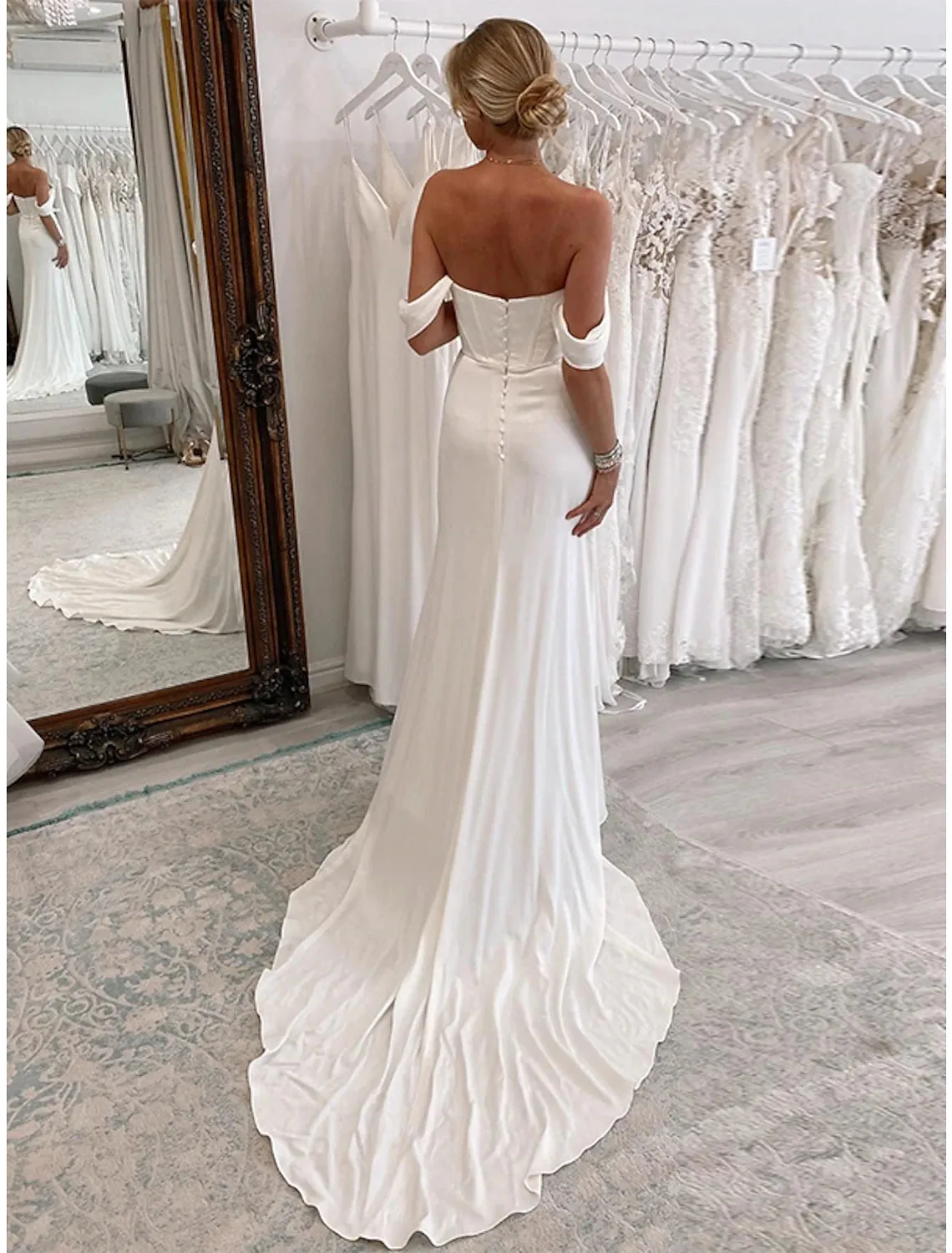 Luolandi Reception Formal Wedding Dresses Sheath / Column Off Shoulder Sleeveless Court Train Stretch Fabric Bridal Suits Bridal Gowns With Pleats