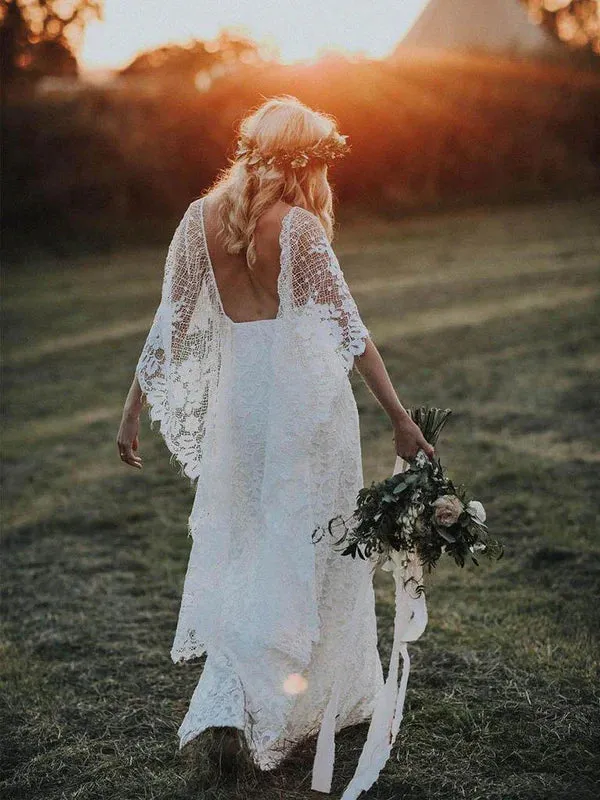 Luolandi Romantic Lace V-neck Neckline Bat Sleeves Sheath Wedding Dresses With Slit Elegant