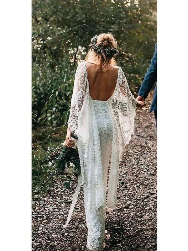 Luolandi Romantic Lace V-neck Neckline Bat Sleeves Sheath Wedding Dresses With Slit Elegant