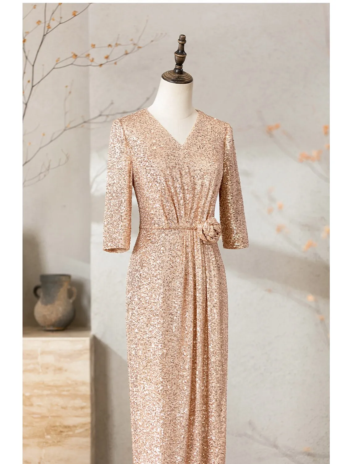 Luolandi Sheath / Column Cocktail Dresses Sparkle & Shine Dress Wedding Party Floor Length Half Sleeve V Neck Sequined with Sequin