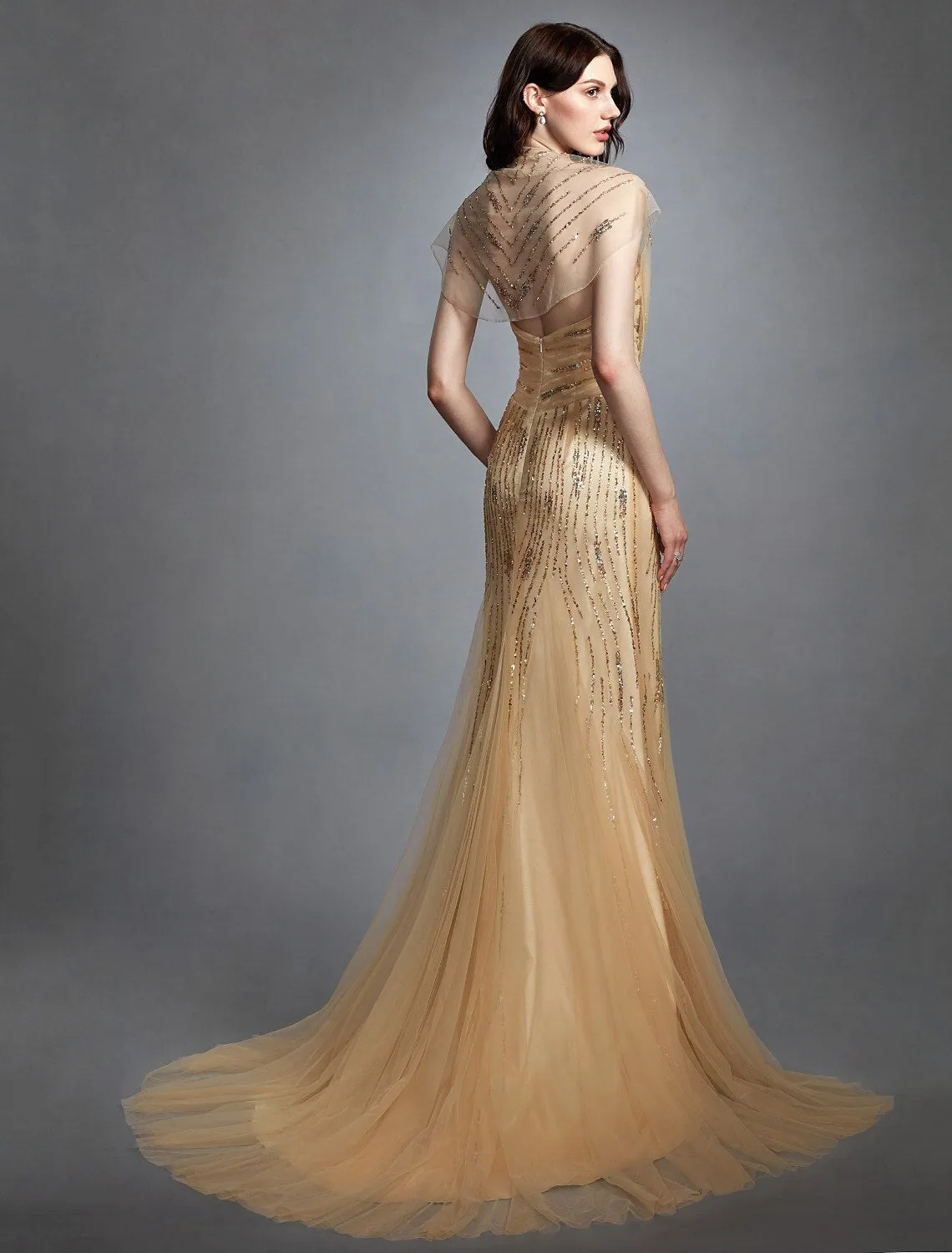 Luolandi Sheath / Column V Neck Sweep Train Tulle Made-To-Measure Wedding Dresses with Sequin