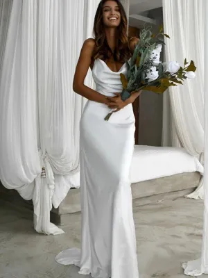 Luolandi Sheath/Column  Woven Satin Ruched Spaghetti Straps Sweep/Brush Train Sleeveless Wedding Dresses Solid Color