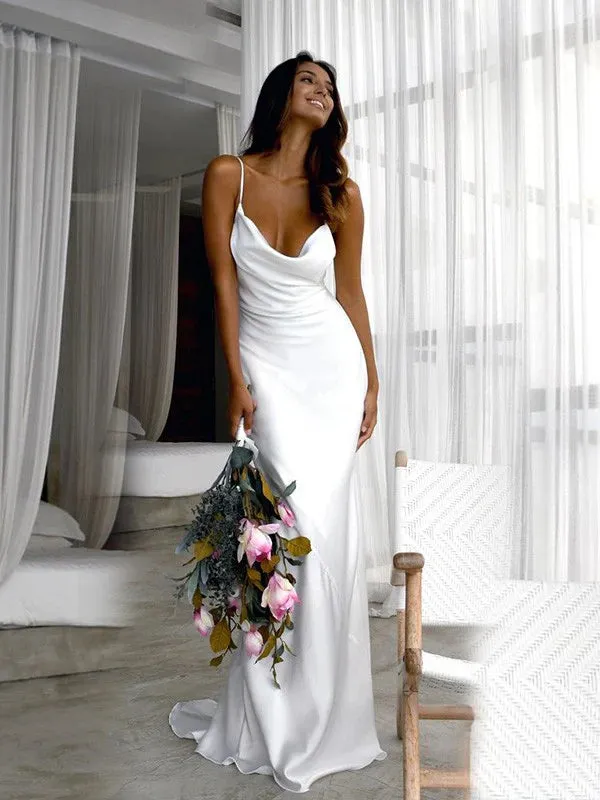 Luolandi Sheath/Column  Woven Satin Ruched Spaghetti Straps Sweep/Brush Train Sleeveless Wedding Dresses Solid Color