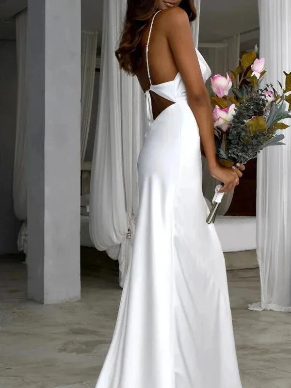 Luolandi Sheath/Column  Woven Satin Ruched Spaghetti Straps Sweep/Brush Train Sleeveless Wedding Dresses Solid Color