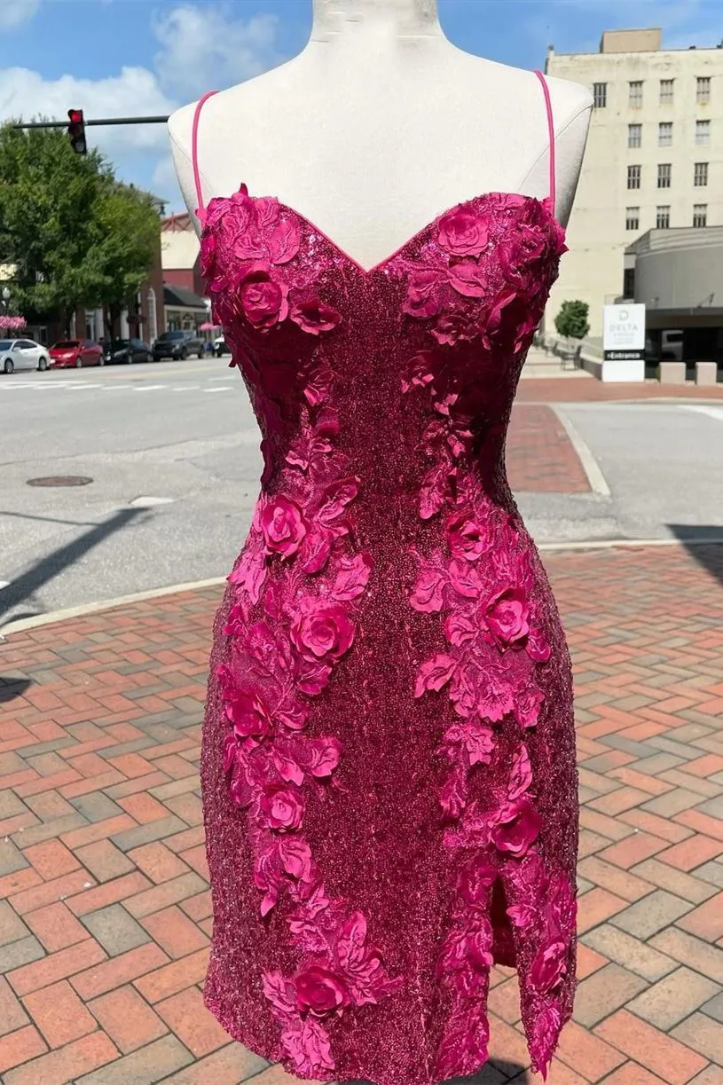 Luolandi Spaghetti Straps Homecoming Dresses Sheath Sequins With Applique Flower Short/Mini Sexy