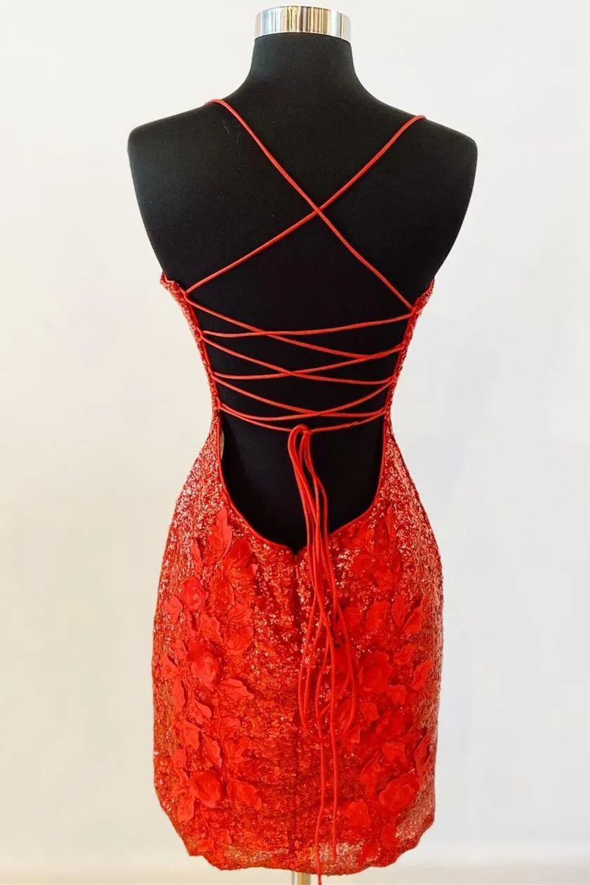 Luolandi Spaghetti Straps Homecoming Dresses Sheath Sequins With Applique Flower Short/Mini Sexy