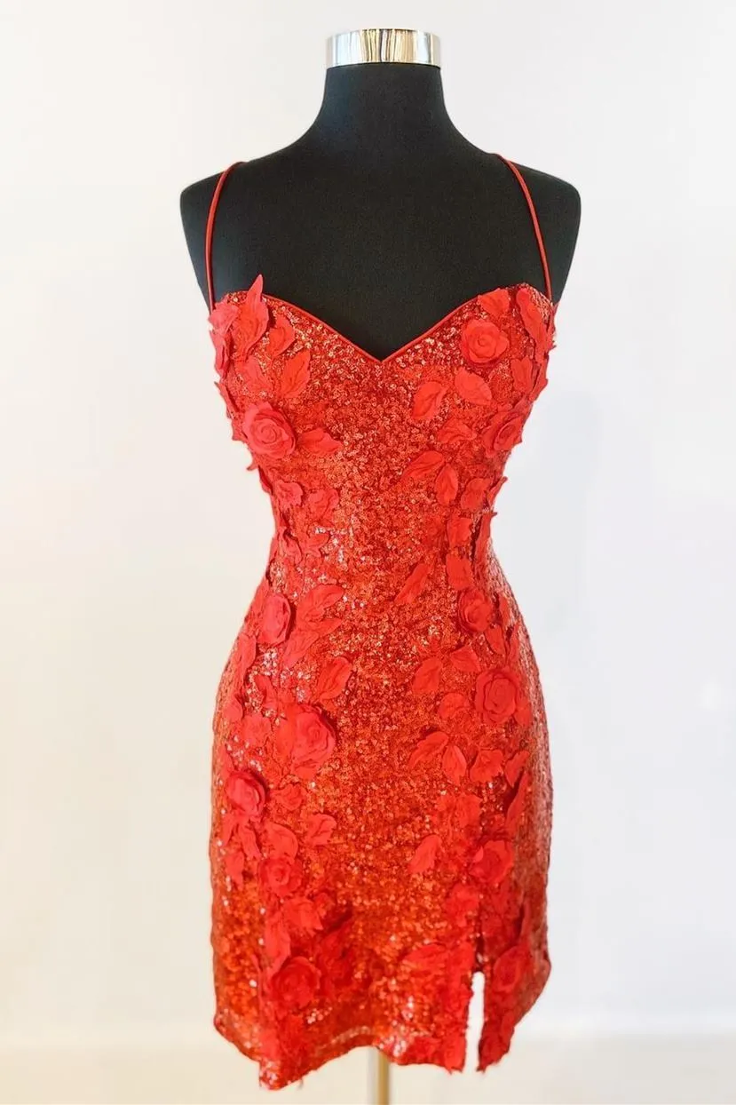 Luolandi Spaghetti Straps Homecoming Dresses Sheath Sequins With Applique Flower Short/Mini Sexy